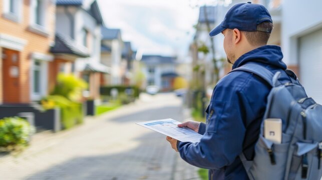 Postal worker in uniform delivering package to modern suburban house, efficient delivery service, logistics and courier concept, modern residential neighborhood.