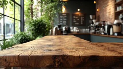 A rustic wooden table in a cozy caf? setting, surrounded by plants and a warm atmosphere.