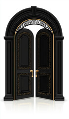 Fototapeta premium Black door with a frame, isolated on a white background. Minimal creative vintage interior concept with copy space. Copy space, flat lay. Advertisement for furniture stores.