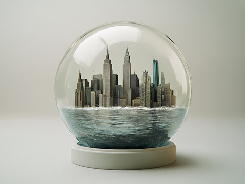A snow globe filled with transparent water, melted icebergs. a concept symbolizing climate change and rising ocean levels. Global warming - Powered by Adobe