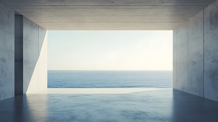 features an empty lounge and living room with a concrete wall background and a stunning view of the sea