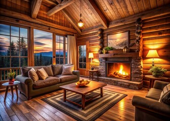 Cozy Wooden Cabin Fireplace Dusk - Warm Winter Retreat Stock Photo