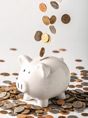 Coins falling to white piggy saving , Financial and money deposit concept