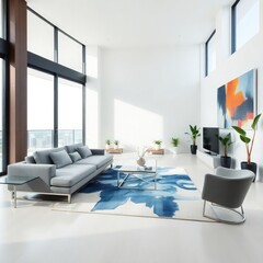 Fototapeta premium a bright and airy living room, characterized by its modern aesthetic and striking design elements. Seating. Coffee Table. Artwork. Rug. Plants. Windows. Flooring. 