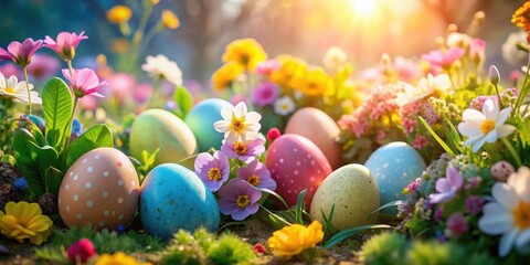 A vibrant springtime scene with colorful Easter eggs nestled among a bed of blossoming flowers, bathed in warm sunlight.