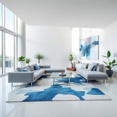 Naklejka premium a bright and airy living room, characterized by its modern aesthetic and striking design elements. Seating. Coffee Table. Artwork. Rug. Plants. Windows. Flooring. 