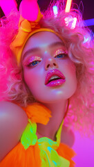 A close-up candid photo from a Vogue fashion shoot featuring a pretty, eccentric woman with curly blonde hair, wearing a haute couture colorful  dress with neon color-blocking.