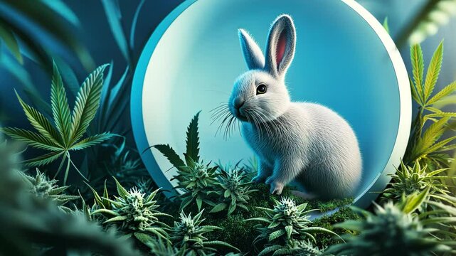 Handheld shot of a white Easter bunny sitting amongst fresh marijuana buds against a blue circular background for legal cannabis advertisement.