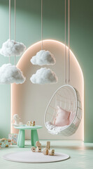Design an arch with cloud-shaped neon lights in pastel green and pink, a hanging chair,  toys, and a light blue table, with neon tube clouds on top.Minimal creative interior concept with copy space.