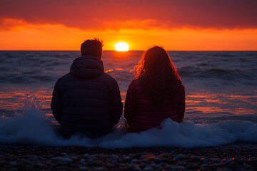 Romantic sunset beach scene with a couple sitting together, gazing at the vibrant sun over the ocean waves, perfect for love, travel, or relaxation themes