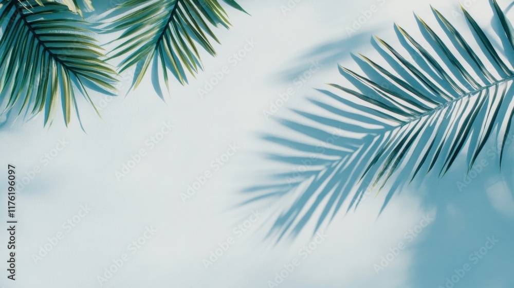 Poster delicate shadows of palm leaves fall gracefully against a light background, creating an abstract and