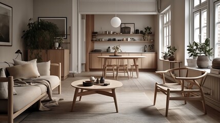 Modern minimalist apartment living room design with light wood furniture