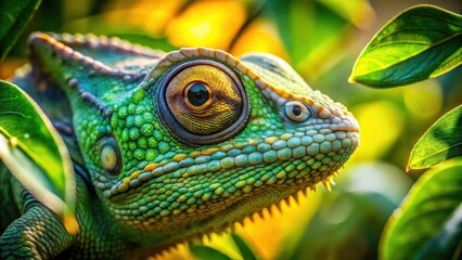 Obraz premium A Vivid Green Lizard Gazes Through Lush Foliage, Its Eye Captivating with a Golden Glow