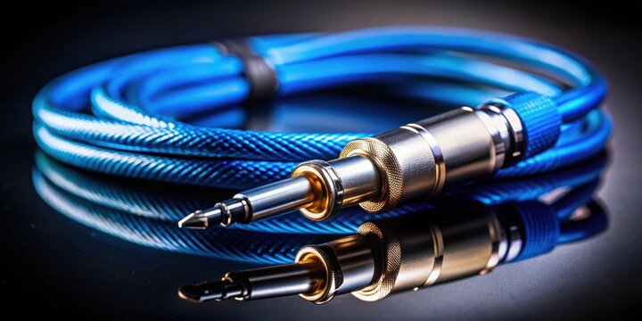 A Close-Up of a Coiled Blue Cable with a Shiny Metal Connector and a Gold-Plated Tip, Reflecting on a Dark Surface