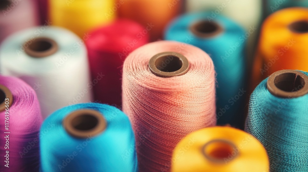 Poster brightly colored spools of thread are neatly arranged, ready for various sewing projects and creativ