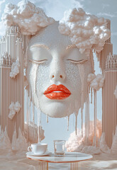 A surrealist painting of a pearl and diamond face with red lips, floating above pink clouds, with a glass, a gray-blue archway, and a table with a cup and plate.