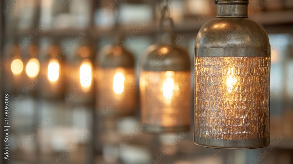 Poster antique lanterns cast a warm glow in a softly lit space, creating a nostalgic and inviting atmospher
