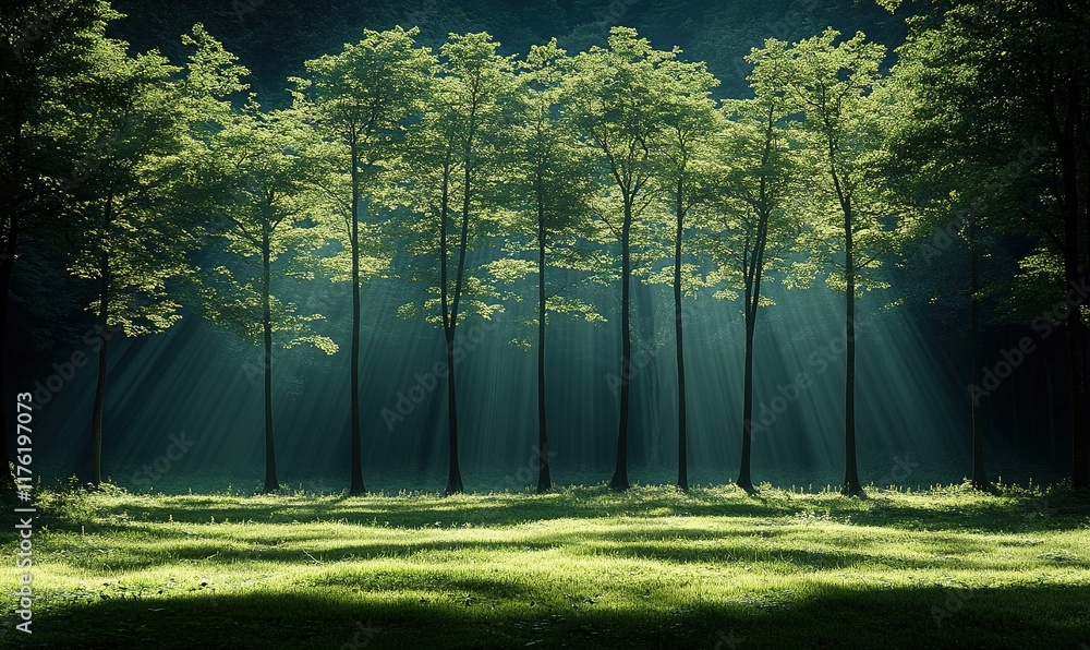 Poster a serene forest scene with sunlight filtering through trees, creating a tranquil atmosphere.