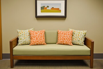 Modern Sofa with Colorful Decorative Pillows in a Contemporary Interior Setting, Featuring a Minimalist Artwork on a Neutral Wall Background