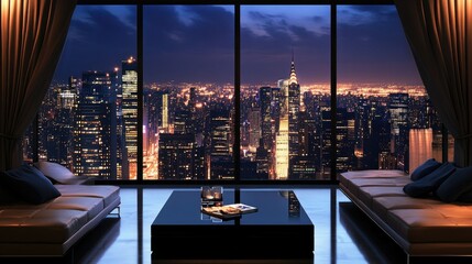 Elegant Modern Living Room with Panoramic View of New York City Skyline at Night, Featuring Luxurious Furniture and Stunning City Lights