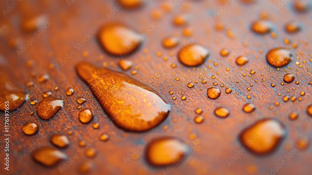 Poster rust-colored surface showcases numerous water droplets reflecting light, creating an intriguing abst