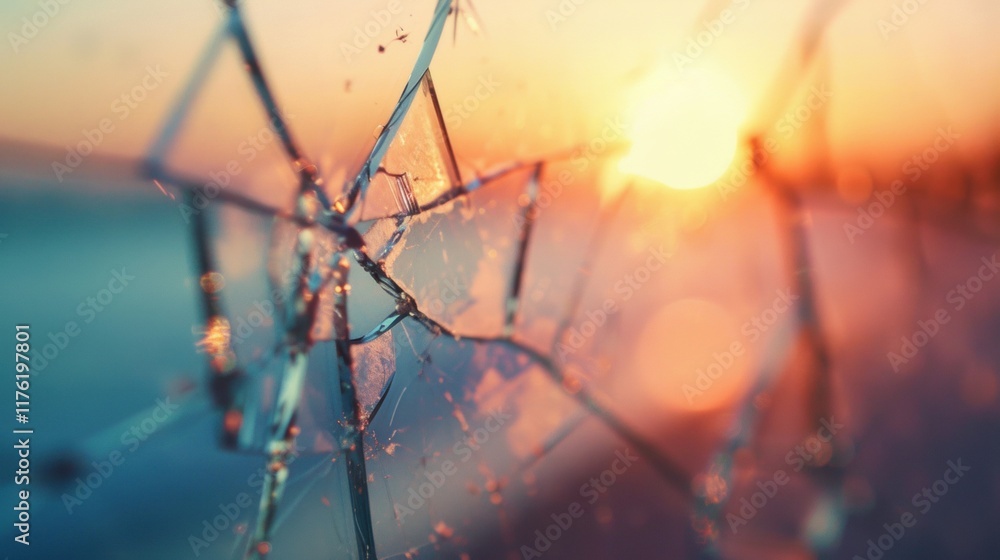 Poster warm sunlight filters through broken glass, creating a unique interplay of light and texture during 