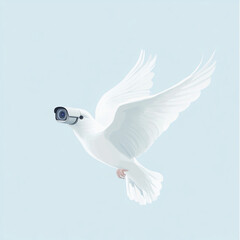 Obraz premium A white dove flying in the sky with a security camera on its head, set against a simple background, 3D rendering.Minimal creative nature and environment concept.Copy space,flat lay