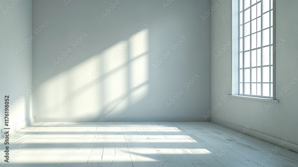 Aufkleber bright and minimalist interior room with large window casting shadows on light-colored floor and wal