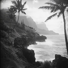 Dramatic black and white coastal landscape, showcasing rugged cliffs, palm trees, and ocean waves.