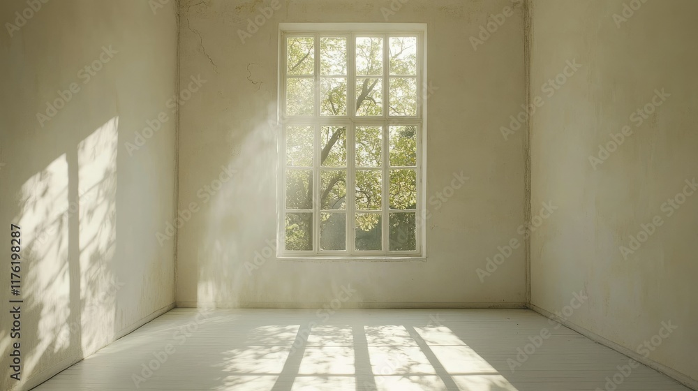 Poster bright and serene interior space with a large window overlooking lush greenery, soft light filtering