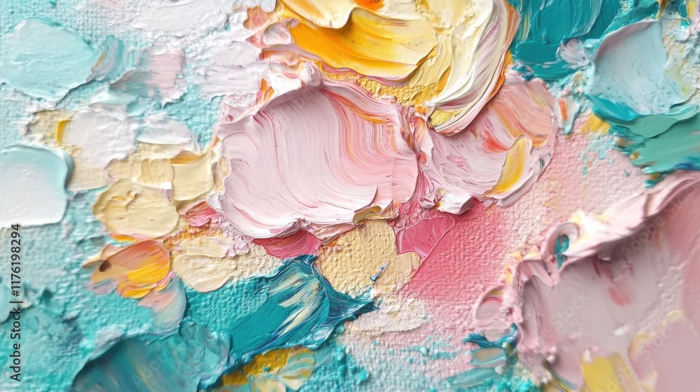 Poster abstract oil painting features a blend of soft and vibrant colors, creating a textured surface full 
