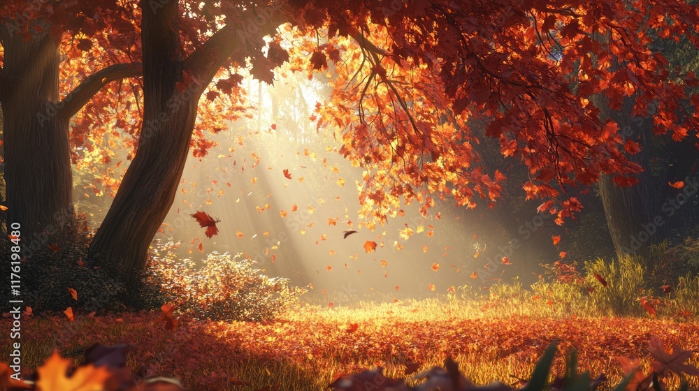 Poster enchanting autumn forest with golden leaves and soft sunlight streaming through trees creating a mag