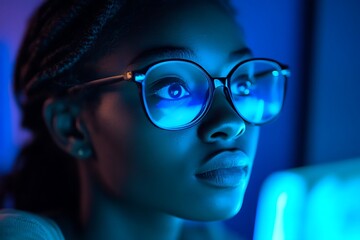 Young african american woman programmer wearing glasses and concentrating on her computer screen in a dark office lit by blue light