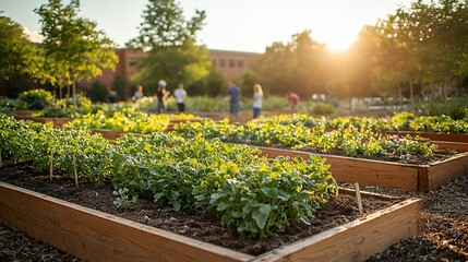 Community garden at sunset, people tending plants in raised beds.