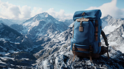 A rugged blue backpack sits on a rocky peak, surrounded by towering snow-capped mountains under a bright blue sky.