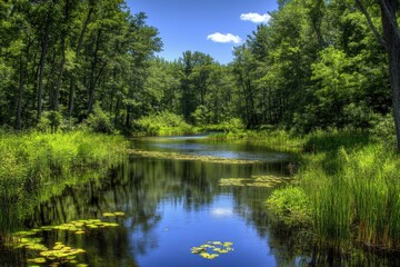 Obraz premium Serene forest stream, summer day, lush greenery, calm water, nature scene, ideal for travel brochures.