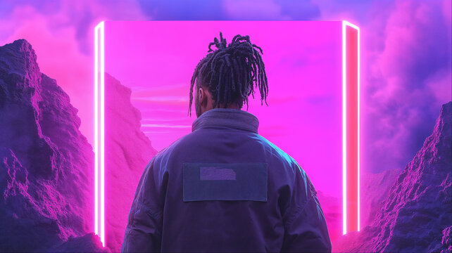 African American man with dreadlocks silhouette with neon lighting, Modern urban sci-fi concept in immersive reality, VR or AR trend concept