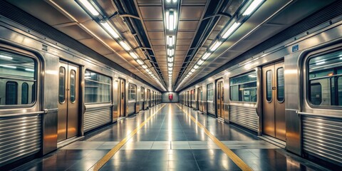Fototapeta premium The Gleaming Steel Corridor of a Subway Train Platform, Illuminated by Rows of Fluorescent Lights, Creates a Striking Visual Contrast of Light and Dark