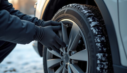 Fototapeta premium Mechanic Changing Winter Car Tire