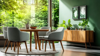 Obraz premium Mint color chairs wooden dining table in room with sofa and cabinet near green wall living room