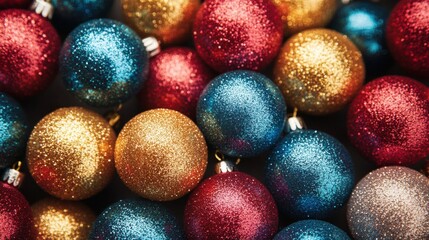 A vibrant collection of shiny Christmas baubles in various colors adds a festive touch to holiday decorations and celebrations
