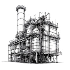 A detailed sketch of a large industrial power plant, showcasing its complex infrastructure and intricate design.