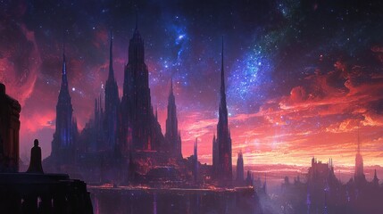 Naklejka premium Nightfall over the Gothic Metropolis: A Sci-Fi Fantasy Cityscape