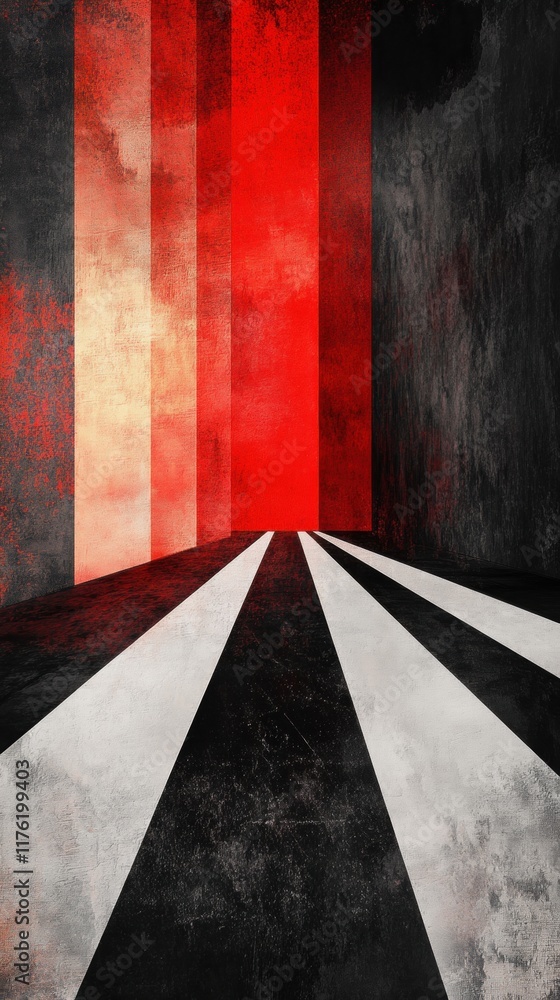 Poster this composition showcases an intense geometric abstract design with bold black and red stripes, cre
