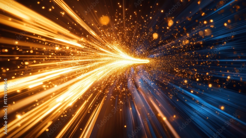 Poster captivating beam of light and energy with glittering particles creating a dynamic sense of speed and