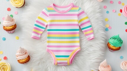 Obraz premium Baby bodysuit mockup and birthday A colorful striped baby onesie is surrounded by playful cupcakes and confetti, creating a cheerful, festive atmosphere.