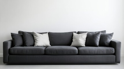 A large black couch with white pillows on it