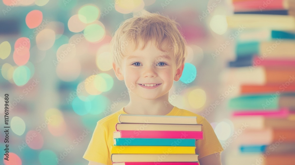 Poster joyful boy with a bright smile carries a stack of colorful books in a warm, inviting space filled wi