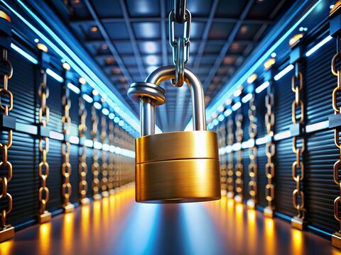 Data Security: Gold Padlock & Chain on Server Racks - Stock Photo