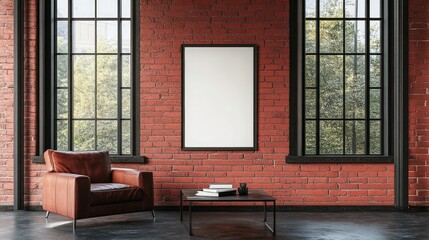 Cozy and Modern Interior Design with Red Brick Walls, Large Windows, and Stylish Furniture for Creative and Artistic Spaces